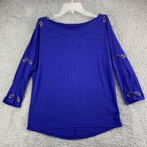 Cable & Gauge Womens Top Blouse Grommet 3/4 Sleeve Blue Purple Size Medium